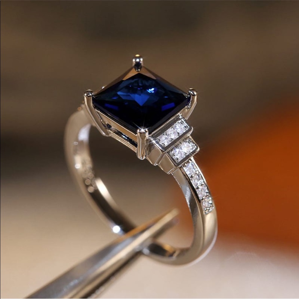 925 Sterling Silver Square Cut Royal Blue CZ  Ring - Picture 7 of 11